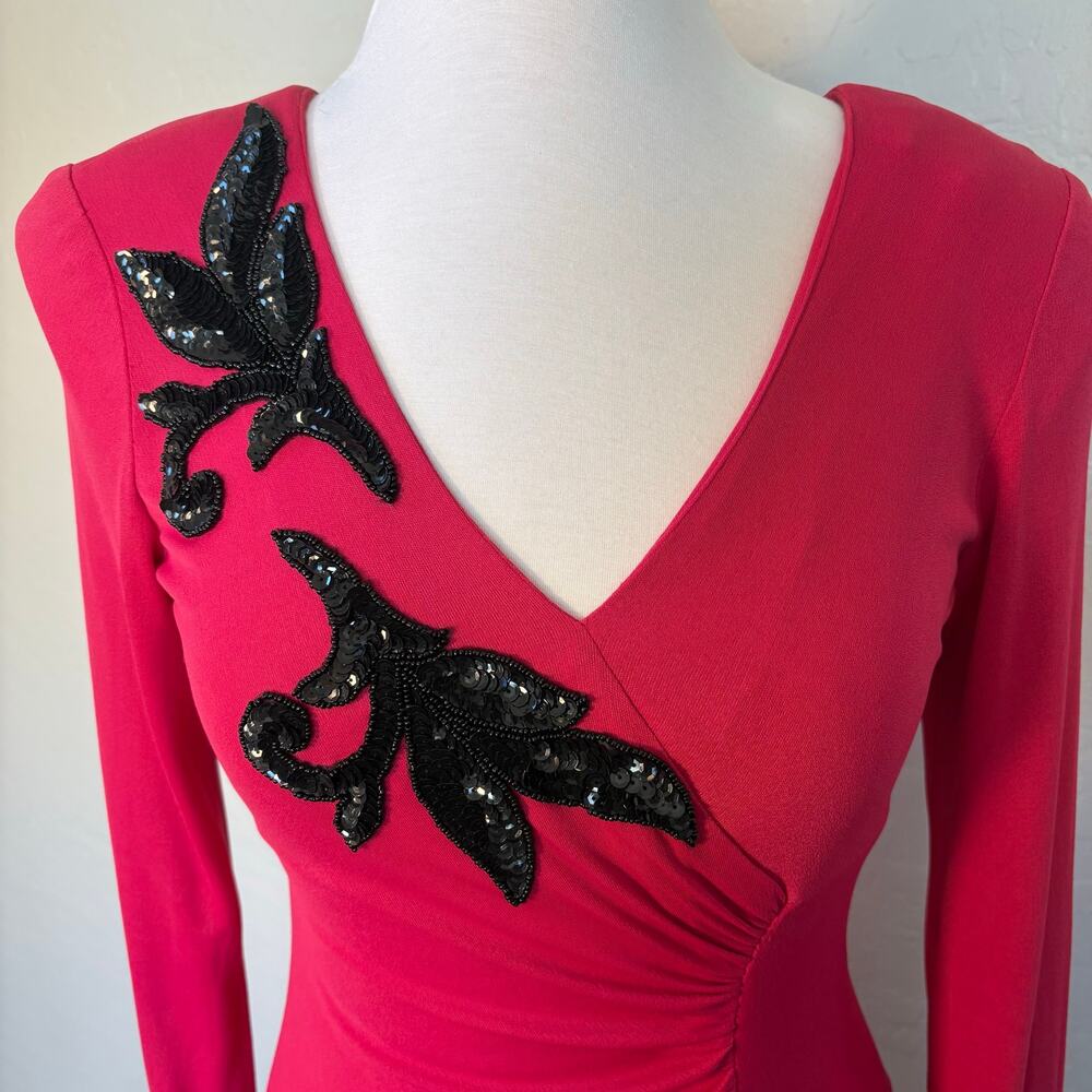 Vintage AYRES by Eysen Pink & Black Beaded Faux Wrap Dress 70s Disco Cocktail M - Picture 9 of 15